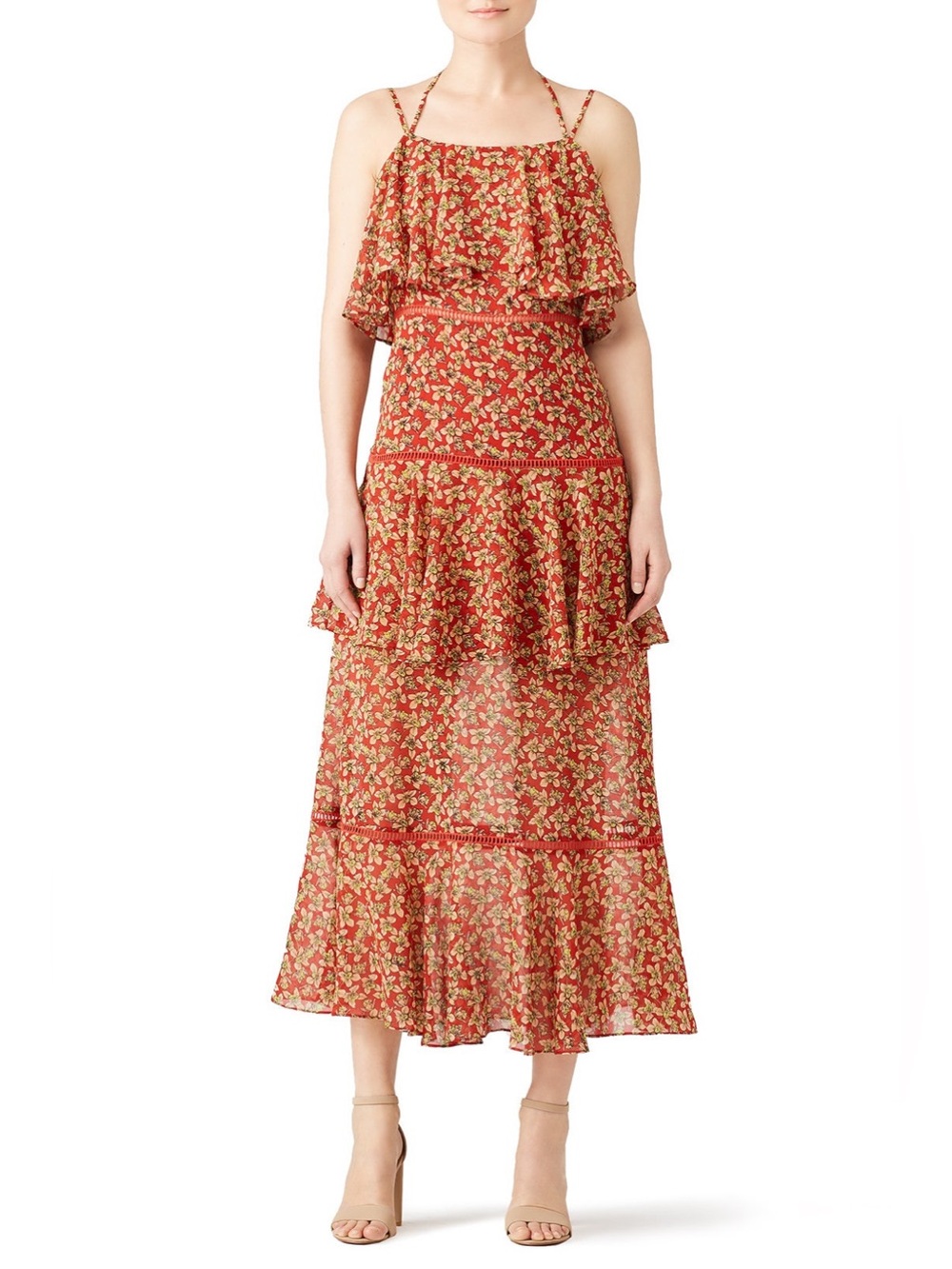 Rebecca Minkoff Boho Floral Clarissa Tiered Maxi Dress Rust, Sz 10